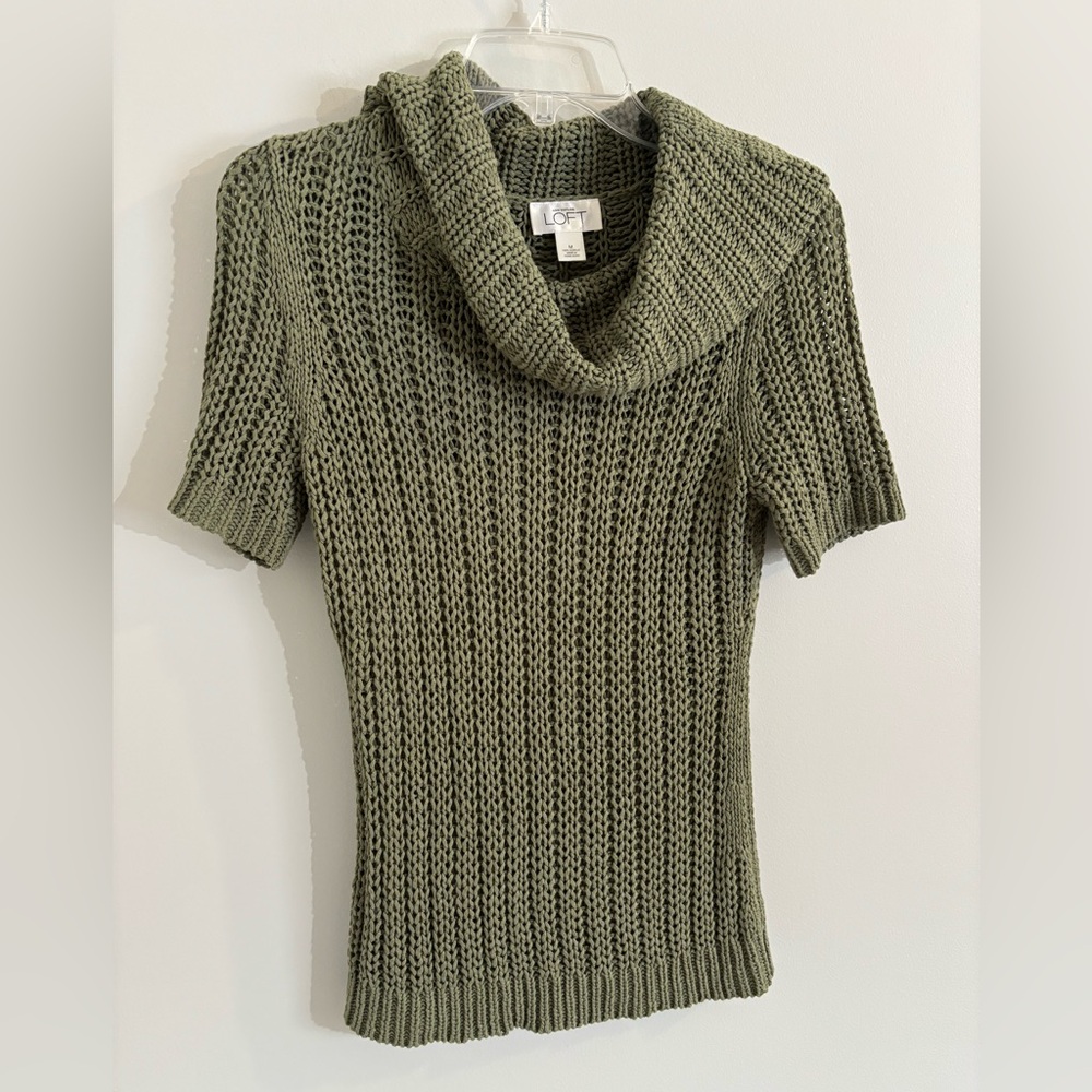 LOFT Olive Green Short-Sleeve Open Weave Cowl Neck Sweater Size Medium